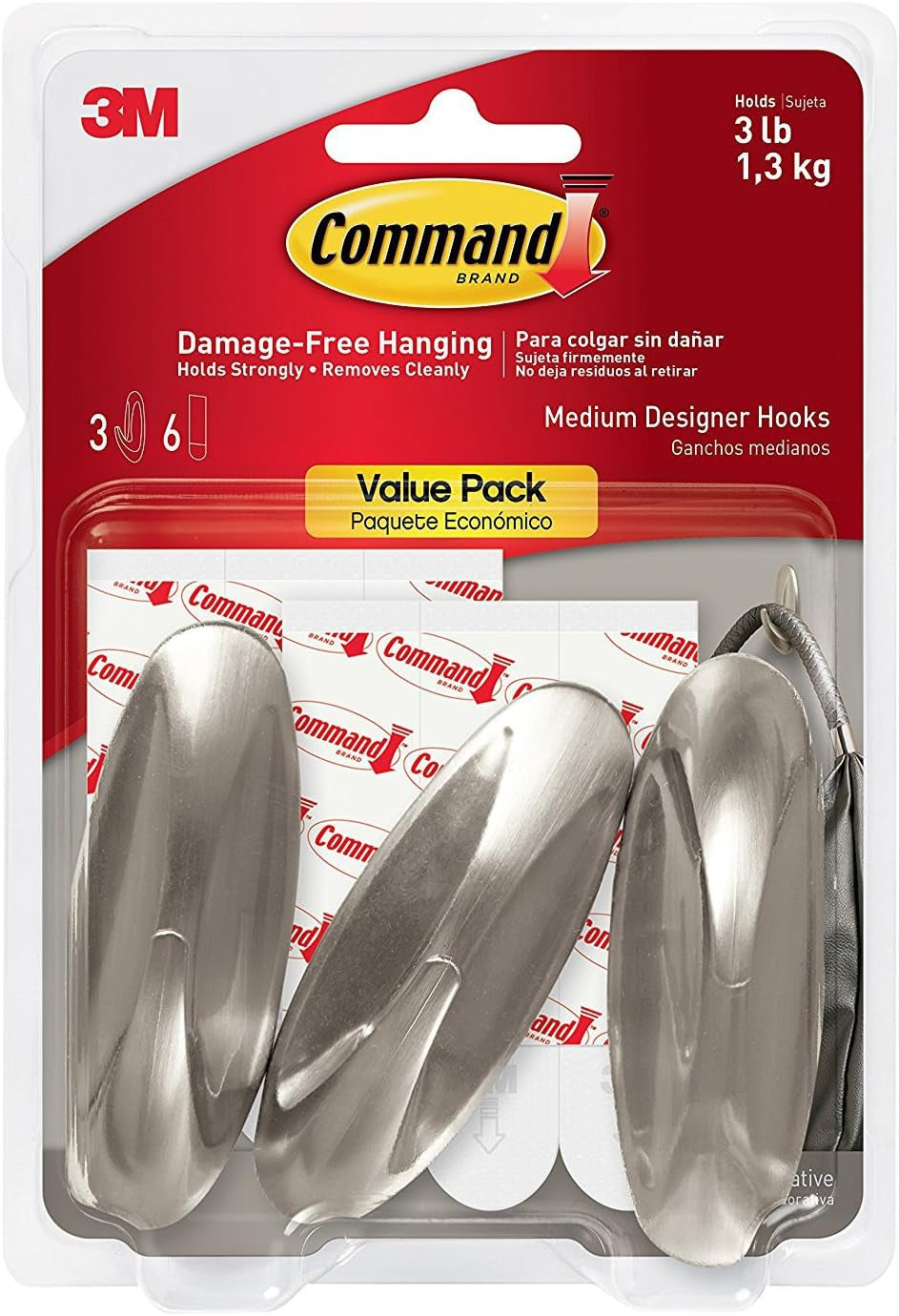 Designer Hooks, Medium, Brushed Nickel, 3-Hooks (17081BN-3ES), Great for Dorm Decor