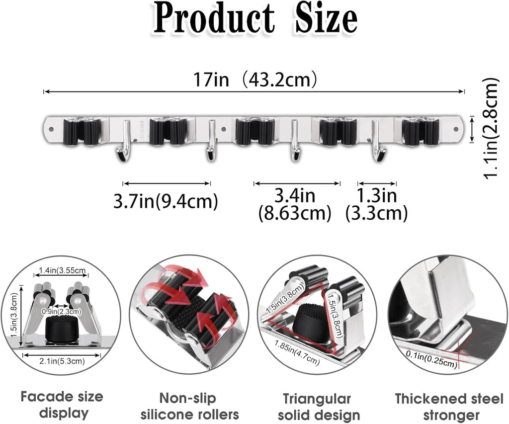 5 Holders+4 Hooks Broom Holder Wall Mounted with Nails Installation, Heavy Duty Stainless Steel Mop Holder, Brush Mop and Broom Storage Self Adhesive