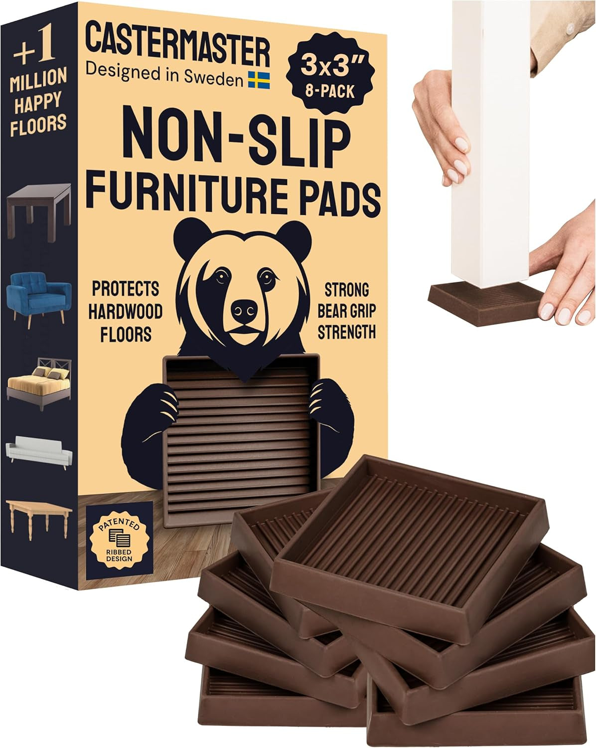 Castermaster Non-Slip Rubber Furniture Pads - 3 in X 3 in Set of 4 Brown - Floor Protectors for Hardwood Floors & Chairs - Grippers & Rubber Feet for Furniture