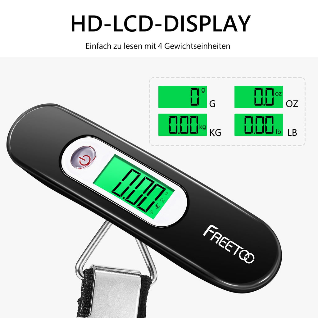 FREETOO Gepäckwaage Tragbare Digitale Kofferwaage Lcd-Anzeige Mit Hintergrundbeleuchtung Tara-Funktion Praktisch Für Reisen/Familienleben Bis 50KG (Schwarz)