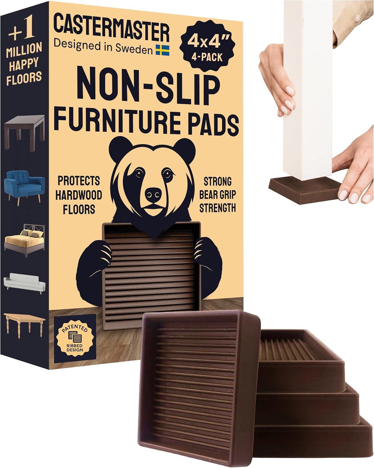 Castermaster Non-Slip Rubber Furniture Pads - 3 in X 3 in Set of 4 Brown - Floor Protectors for Hardwood Floors & Chairs - Grippers & Rubber Feet for Furniture