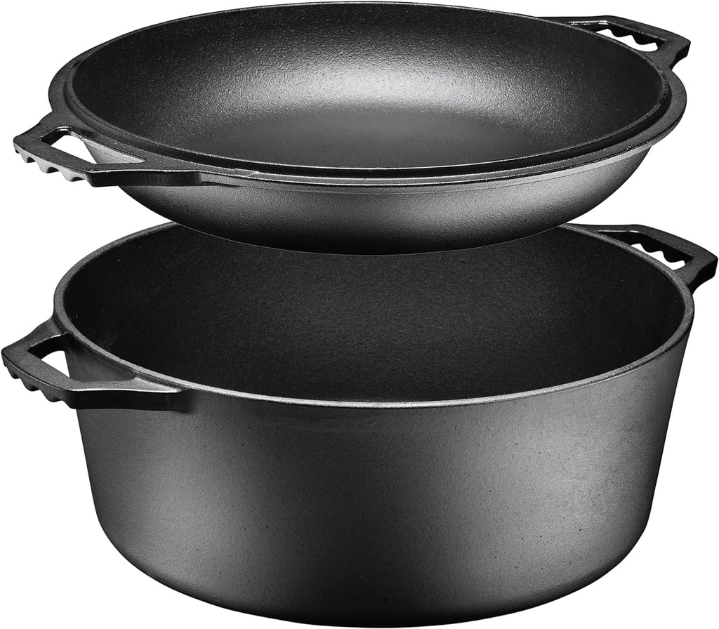Bruntmor Pre-Seasoned Cast Iron Double Dutch Oven with Skillet Lid - 7 Quart All-In-One Casserole and Braising Pan - Heavy Duty and Oven Safe Black Cookware for Versatile Cooking - 14.7 X 6.9 Inches