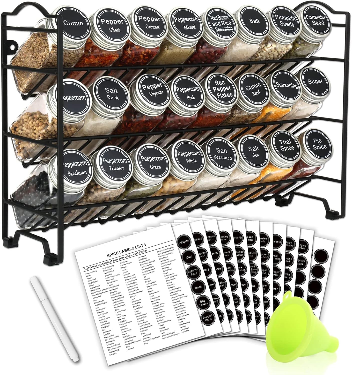 SWOMMOLY Spice Rack Organizer with 24 Empty Glass Spice Jars, 396 Spice Labels with Chalk Marker and Funnel Complete Set, for Countertop, Cabinet or Wall Mount, Silver