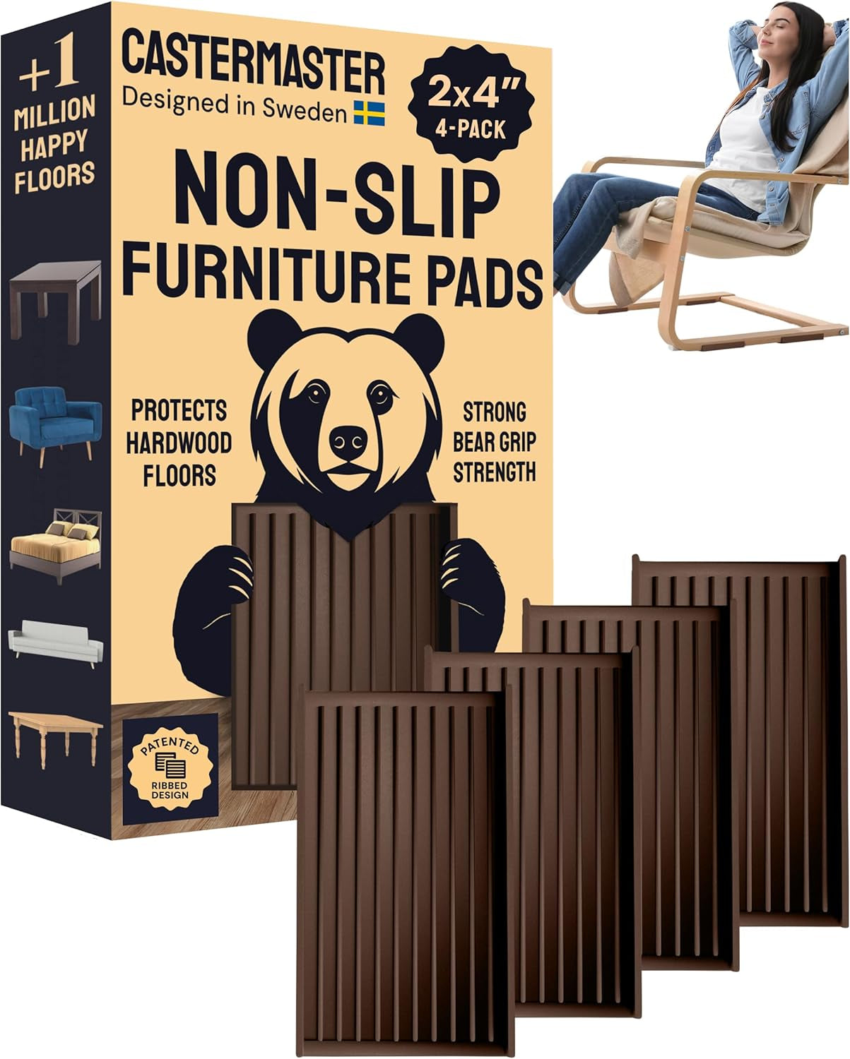 Castermaster Non-Slip Rubber Furniture Pads - 3 in X 3 in Set of 4 Brown - Floor Protectors for Hardwood Floors & Chairs - Grippers & Rubber Feet for Furniture