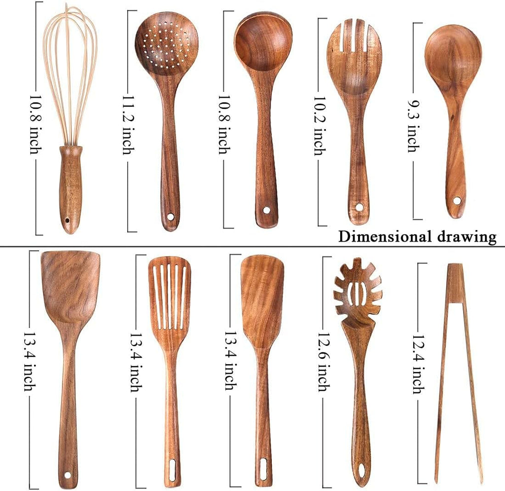 10 Pack Wooden Utensils for Cooking, Wood Utensil Set for Kitchen, Teak Wooden Spoon for Cooking, Non-Stick Spatula Ladle